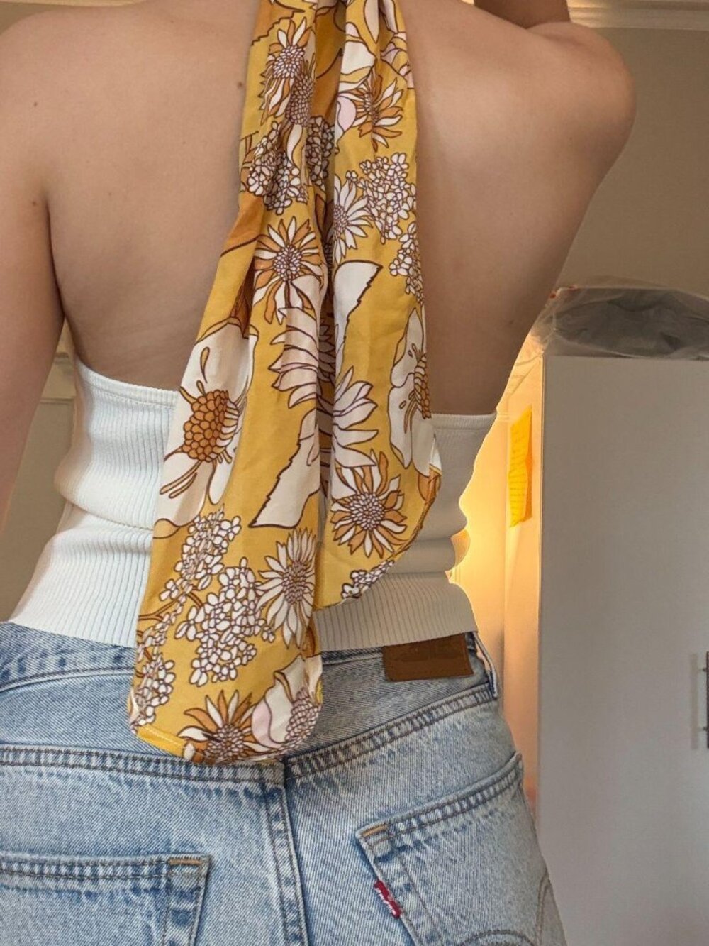 ASTR The Label Cream Ribbed Knit Halter Top Floral Scarf Tie Open Back Size S